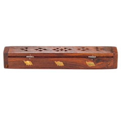 Santarms Wooden Agarbatti Stand with Brass Elephant Inlay – Incense Stick Holder Box with Ash Catcher Lid – Handmade Natural Wood Incense Burner for Home Temple Office Decor