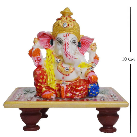 Santarms Handmade Fine Ganesh with Chowki Temple Idol Lord Ganesha Ganapathi Gajanan Subharambh | Festival Item Showpiece for Table Top Home | Best Gifting | 10 Cm