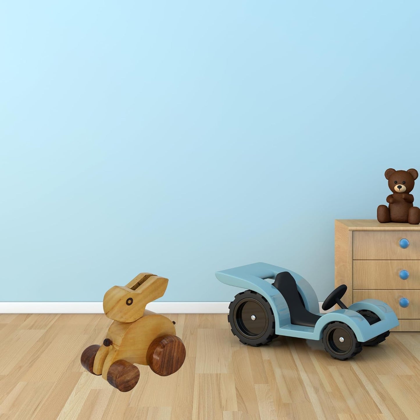 Santarms Wooden Bunny Toy – Handmade Push & Pull Rabbit on Wheels for Toddlers | Eco-Friendly Wooden Animal for Kids | Montessori Inspired Natural Wood Bunny Rolling Toys for Safe & Fun Play