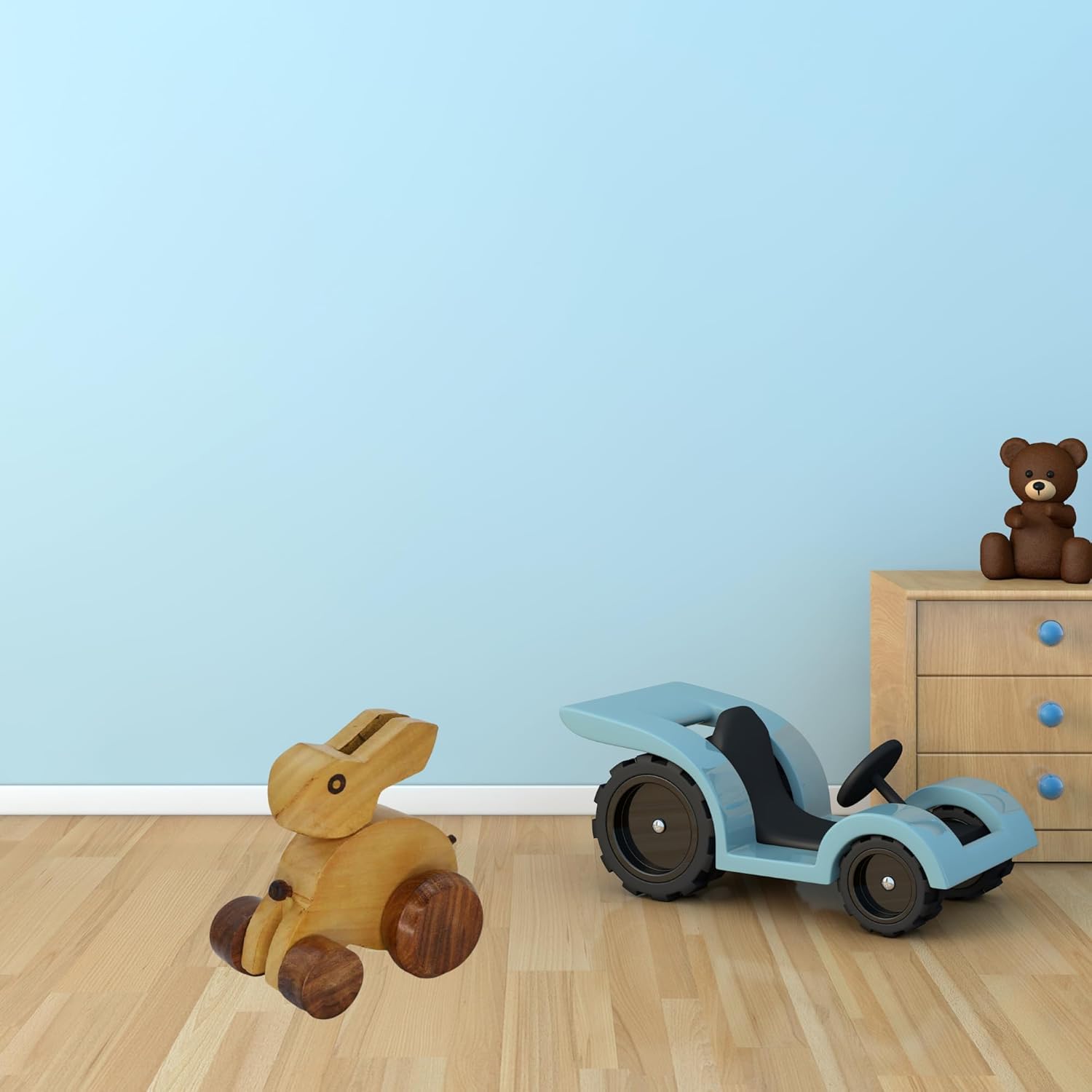 Santarms Wooden Bunny Rolling Toy – Handcrafted Rabbit Animal Toy on Wheels for Kids | Eco-Friendly Montessori Wooden Toys for Toddlers | Push and Pull Activity for Early Learning