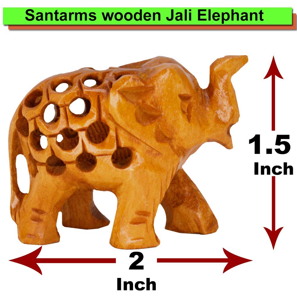 santarms Handcrafted Wooden Jali Elephant Statue Idol showpiece for Home Decor Items - (1.5 inch) (Brown)