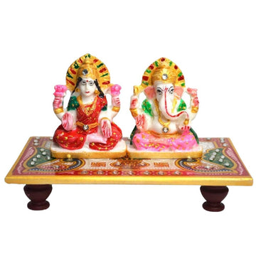 santarms Marble Laxmi Ganesh Idol with Chowki - Diwali Decorations and Pooja Gift Set, Perfect Diwali Gift, Pack of 1, Combo
