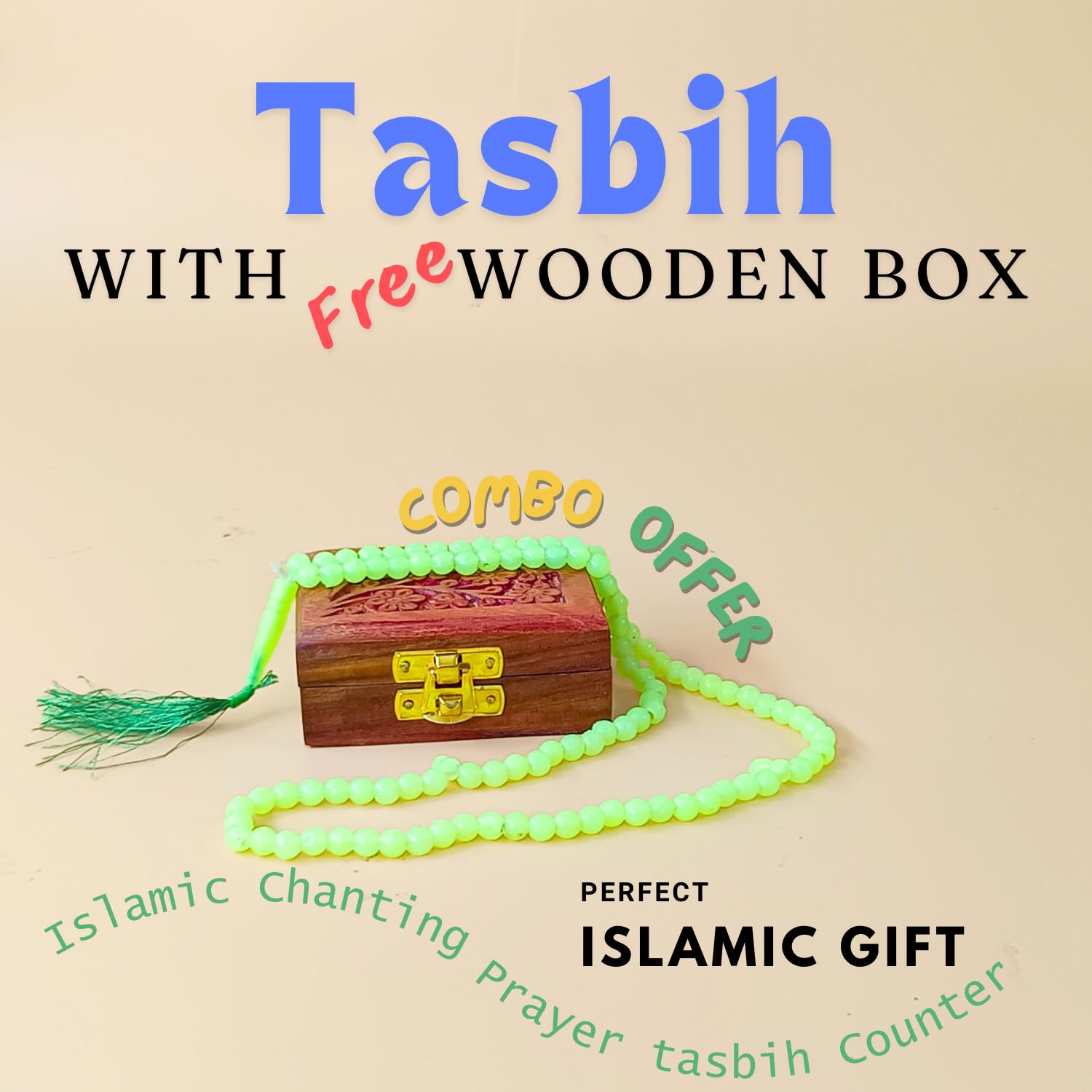 santarms Tasbeeh Islamic Chanting Prayer Counter Tasbih For Muslim Ramadan Gift - 99+1 Beads With Wooden Box COMBO PACK, Perfect Islamic Gift