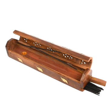 Santarms Wooden Agarbatti Stand with Brass Elephant Inlay – Incense Stick Holder Box with Ash Catcher Lid – Handmade Natural Wood Incense Burner for Home Temple Office Decor