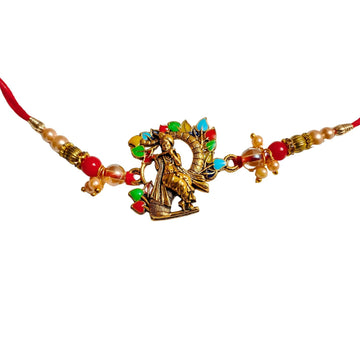 santarms Krishna Rakhi for Brother | Traditional Raksha Bandhan Rakhi with Colorful Beads, Roli and Chawal for Men & Boys