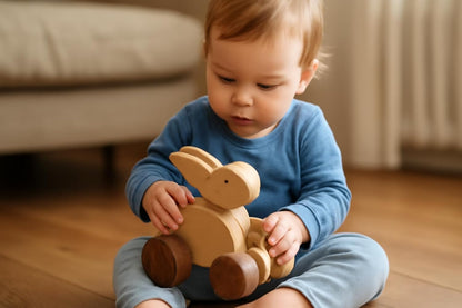 Santarms Wooden Bunny Rolling Toy – Handcrafted Rabbit Animal Toy on Wheels for Kids | Eco-Friendly Montessori Wooden Toys for Toddlers | Push and Pull Activity for Early Learning