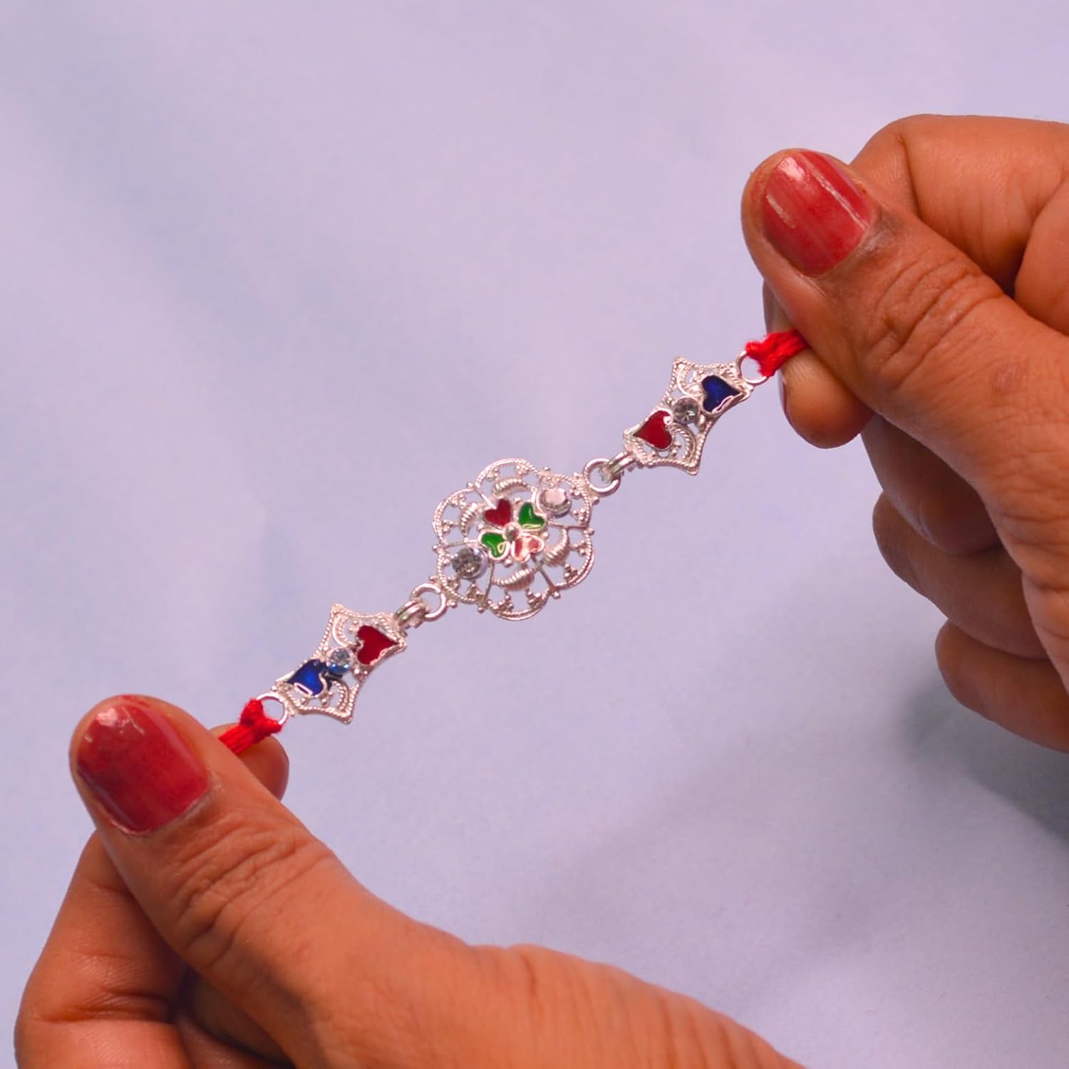 santarms Set of 2 Silver Flower Designer Rakhis with Red Threads, and Free Roli Chawal Pack - Rakhis for Brothers