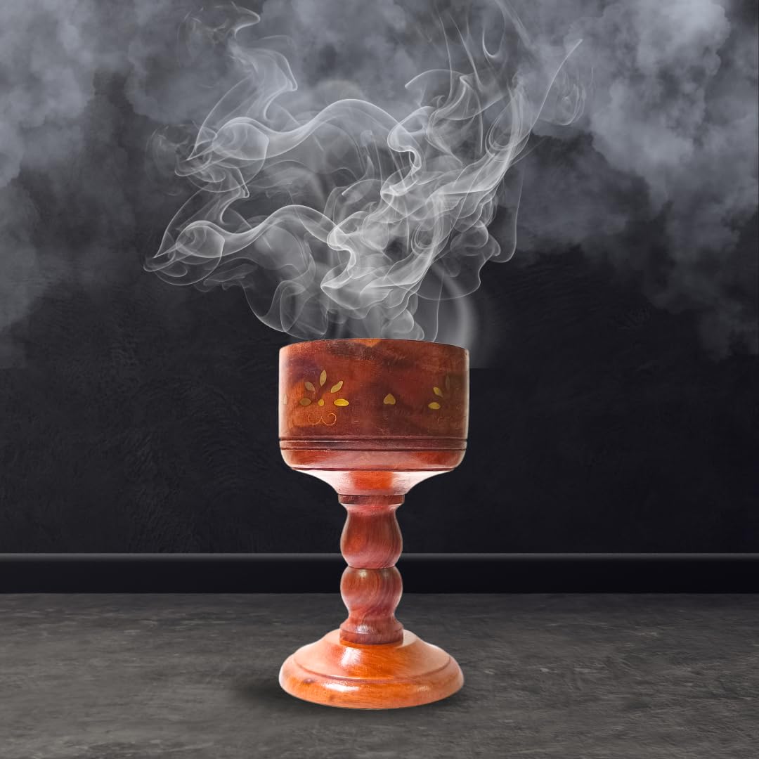 Santarms Handcrafted Wooden Loban Sambrani Dhoop Cup Cone Batti Stand | Traditional Incense Holder Ash Catcher for Religious Aromatic Rituals | Wood Design Stand for Pooja & Meditation