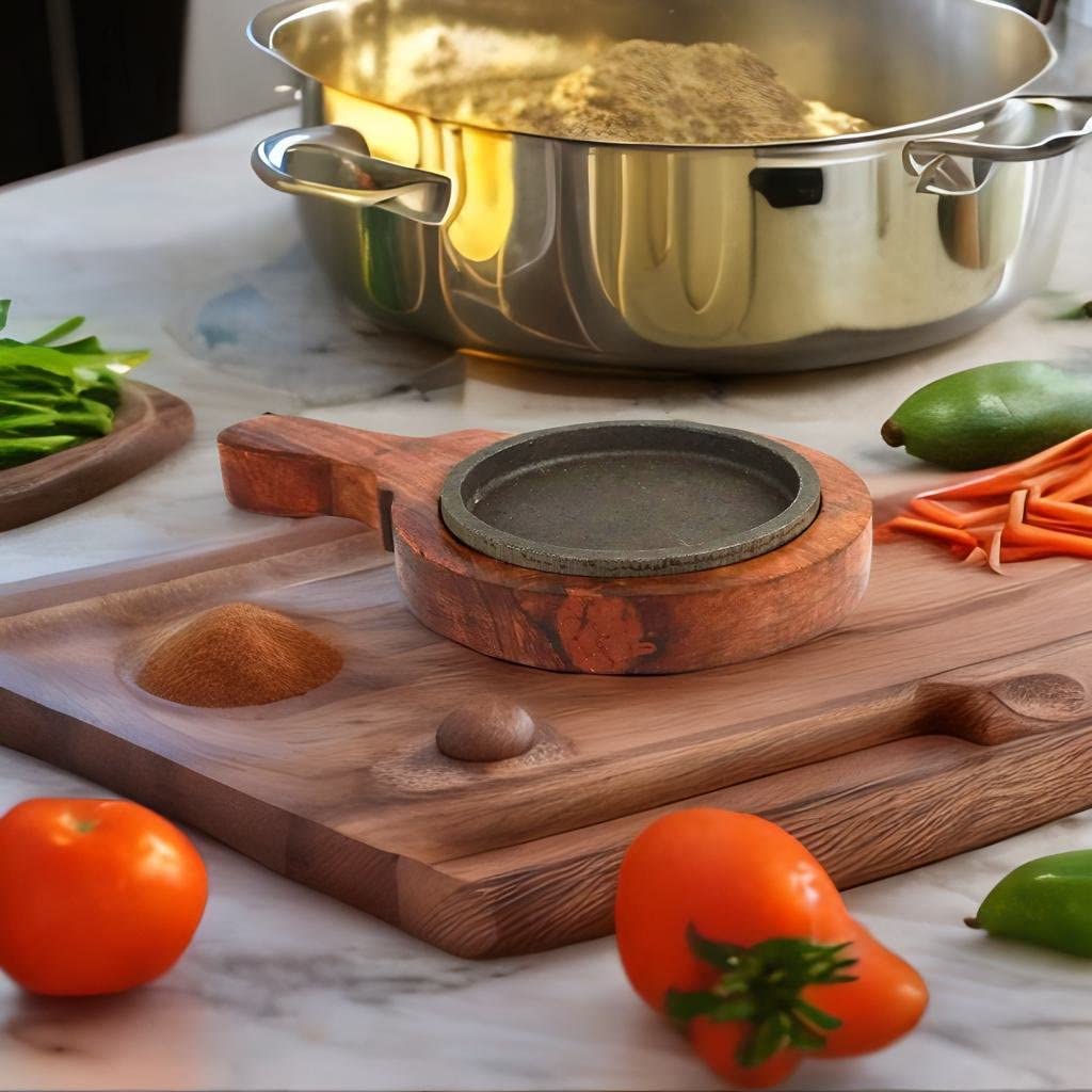 santarms Cast Iron Sizzler Plate with Wooden Stand Pack of 3