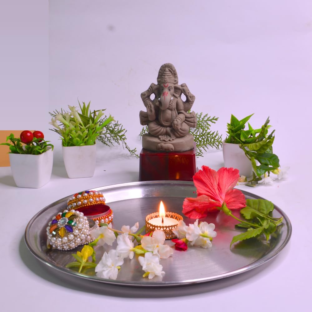 santarms Eco Friendly Ganesha Idol, Ganpati murti for Home visarjan, Water Soluble Idol Chaturthi Festival, Grey Gift (5 Inches, Lalbagh)