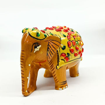 santarms Wooden Elephant Statue with Gold Polish and Meenakari Work | Small Size Decorative Animal Showpiece Figurine for Home & Office Table Article (Set of 1 Piece)