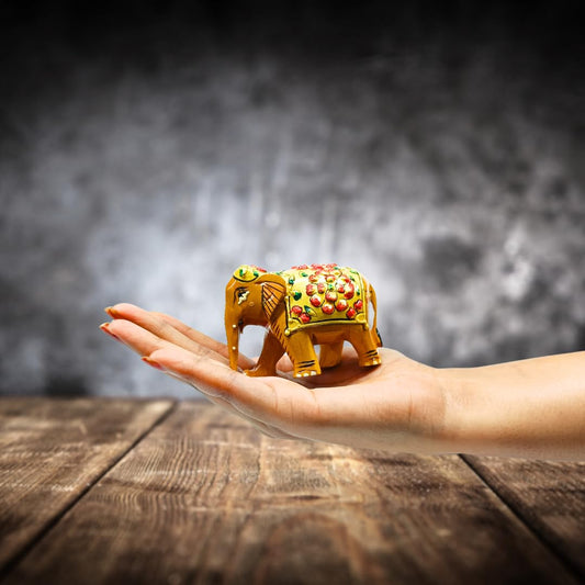 santarms Wooden Elephant Statue with Gold Polish and Meenakari Work | Small Size Decorative Animal Showpiece Figurine for Home & Office Table Article (Set of 1 Piece)
