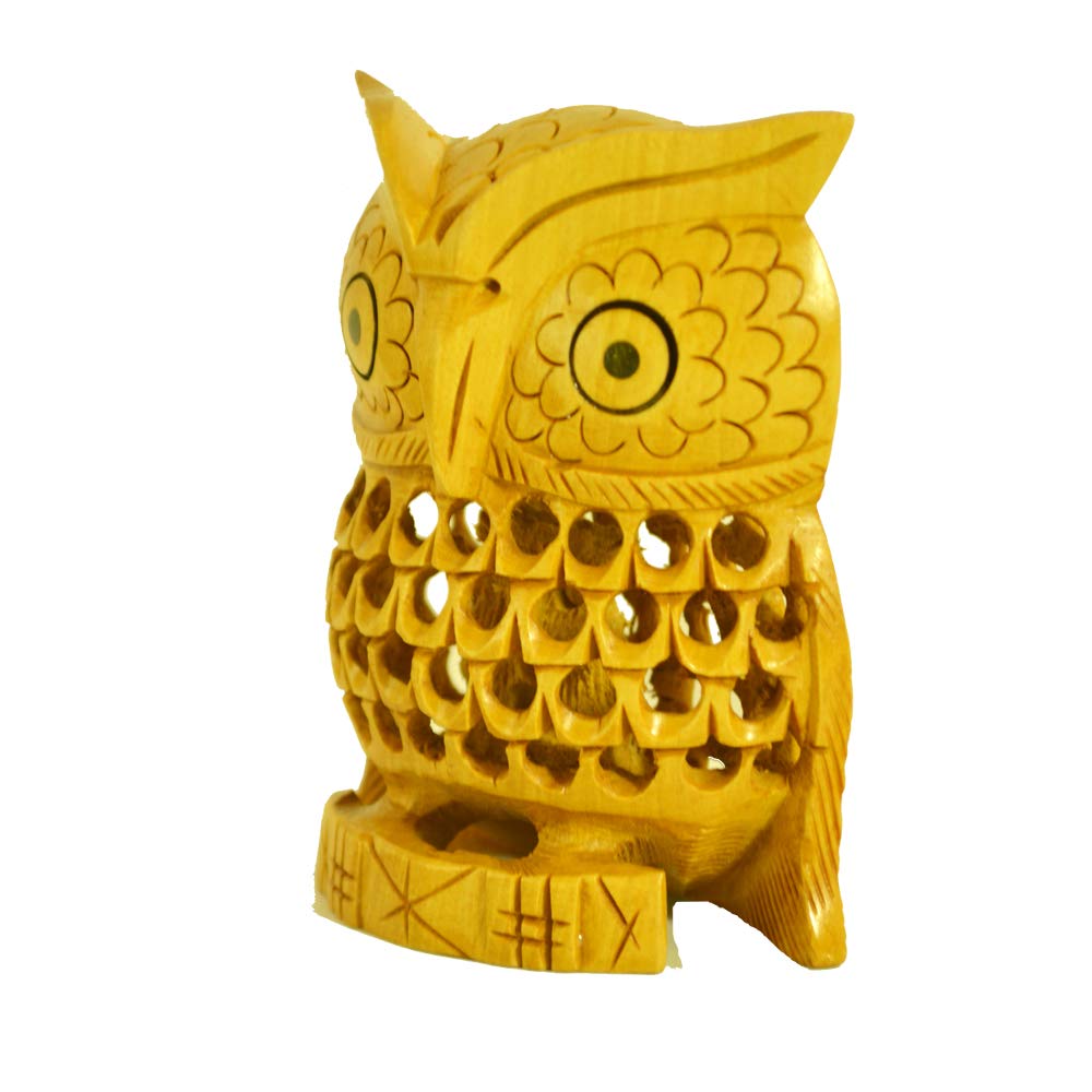 santarms Beautiful Handmade Wooden Jali owl(8 cm) (Golden Colour)-Home d?cor/Table d?cor/Office d?cor-Handicraft Sculpture, Show Piece Art & Craft Decoration fingurine-Best for Gifting