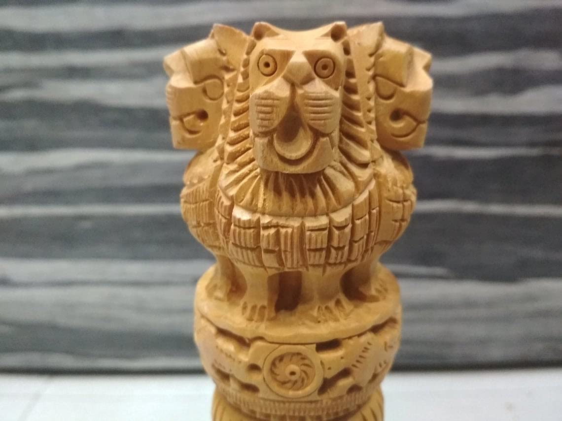 santarms Wooden Ashoka Head Pillar for Office Desk and Car Dashboard, Hand-Carved Sculpture Ashok Stambh/Piller for Table (3 Inch)