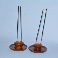 Santarms Wooden Round Shaped Incense Stick Holder Cum Dhoop Agarbatti Stand Set Ideal for Gift Handcrafted Elegant Brown Finish Versatile Design Meditation and Aromatic Rituals