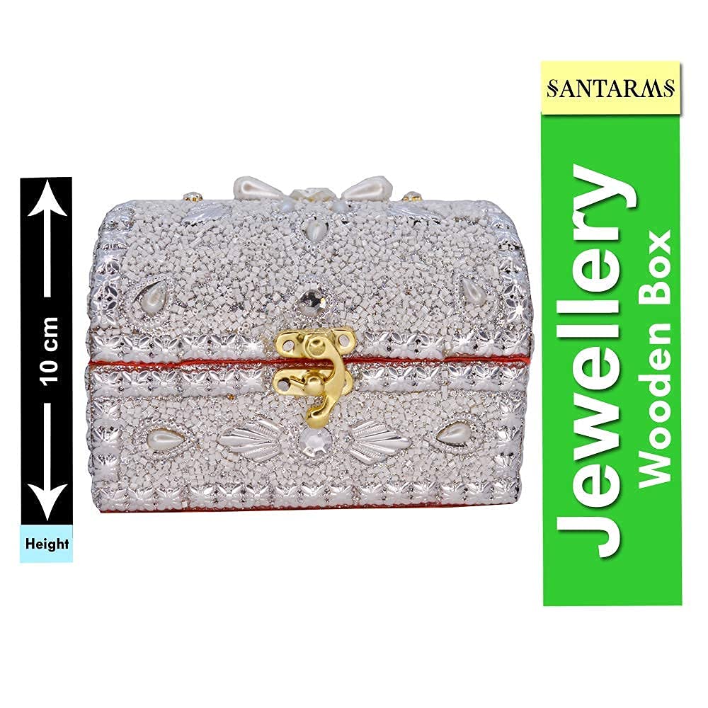santarms Beads Work Jewellery Craft Box (White) | 10 cm Handmade Wooden Jewelry Box with Lock | Shringar Box for Brides | Wedding Gift for Married Women
