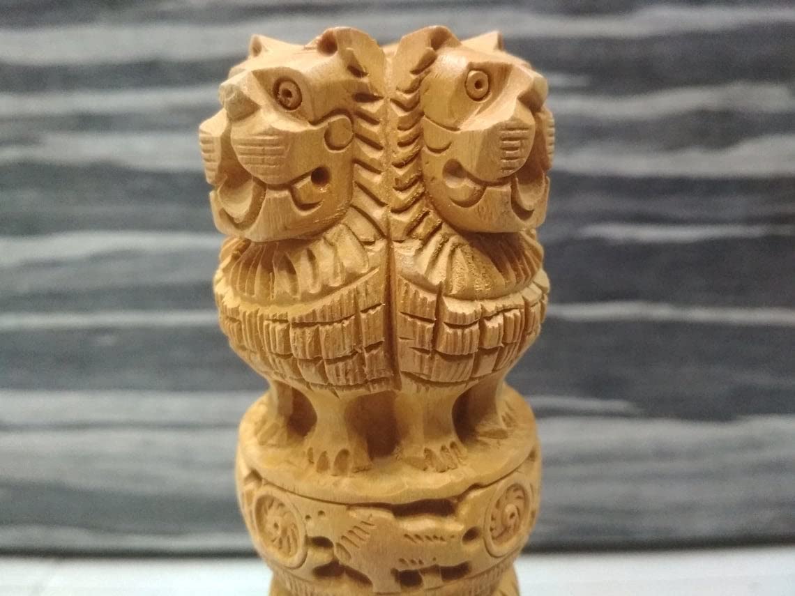 santarms Wooden Ashoka Stambh Pillar for Office Desk and Car Dashboard, Hand-Carved Sculpture Ashok Head/Piller for Table (4 Inch)