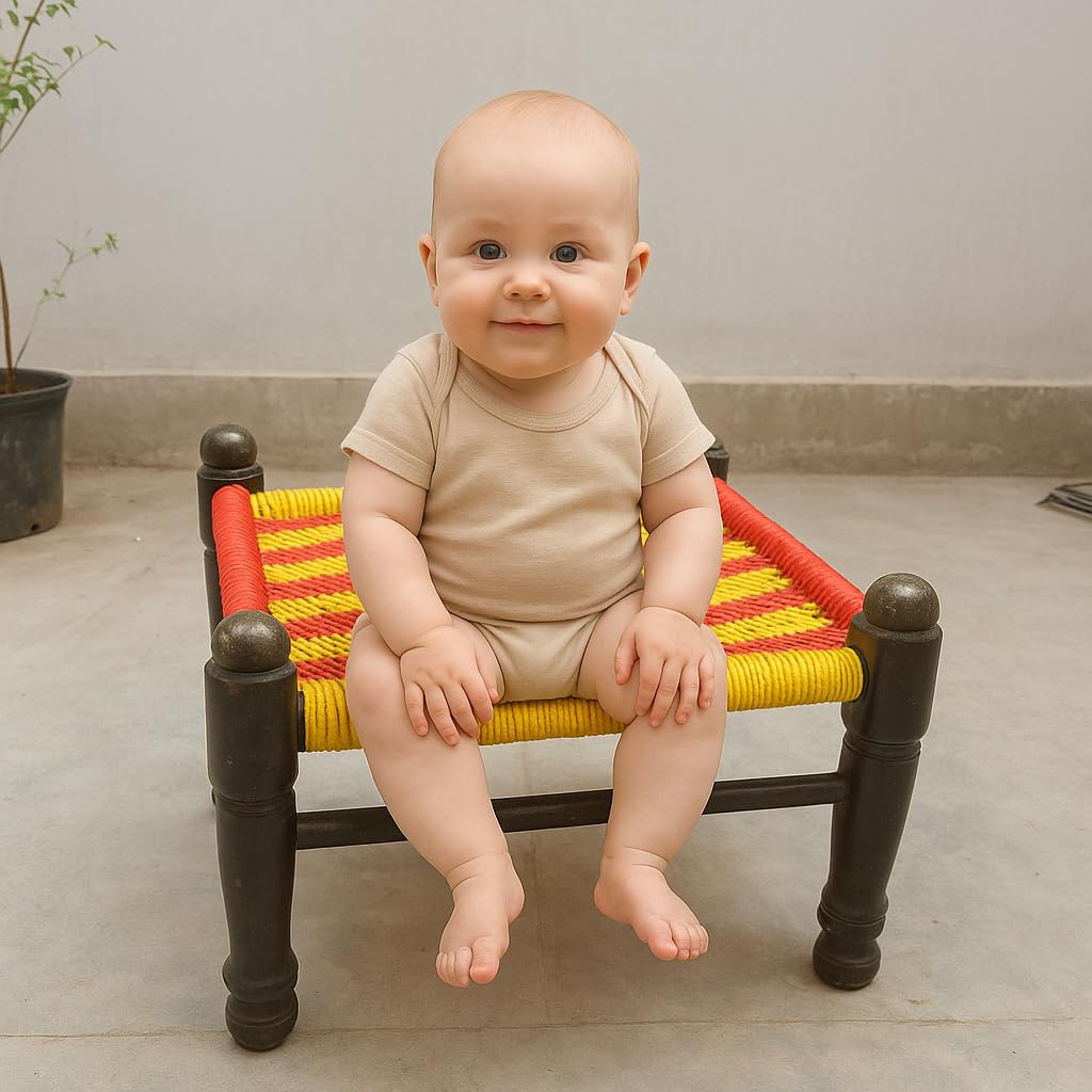 santarms Kid's Wooden Mudda Pidha Chair | Rajwadi Machiya Rest Stool | Strong Rope Woven Pidha, Handmade Khatli Rope Bajot for Pooja