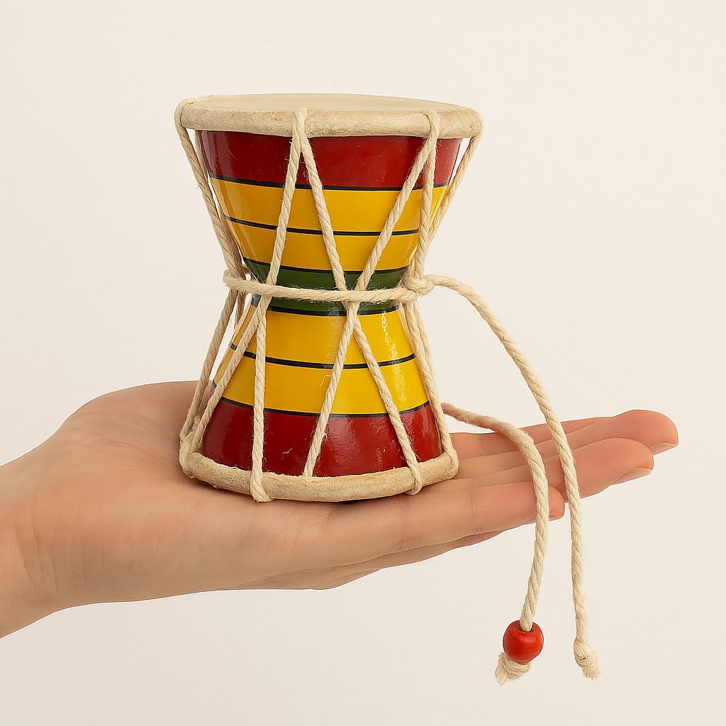 Santarms Handcrafted Wooden Damru | 5 Inch Traditional Indian Drum for Devotional Puja, Bhajan, Meditation & Kids | Lord Shiva Spiritual Instrument
