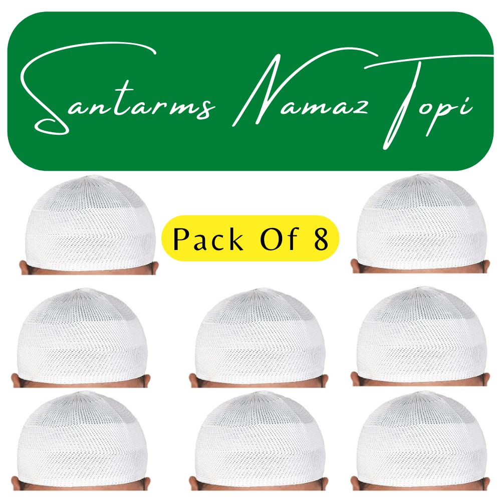 santarms Islamic Prayer Kufi Muslim Cap for Men or namaz topi for namaz - Pack of 8 White