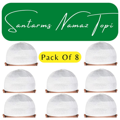 santarms Islamic Prayer Kufi Muslim Cap for Men or namaz topi for namaz - Pack of 8 White