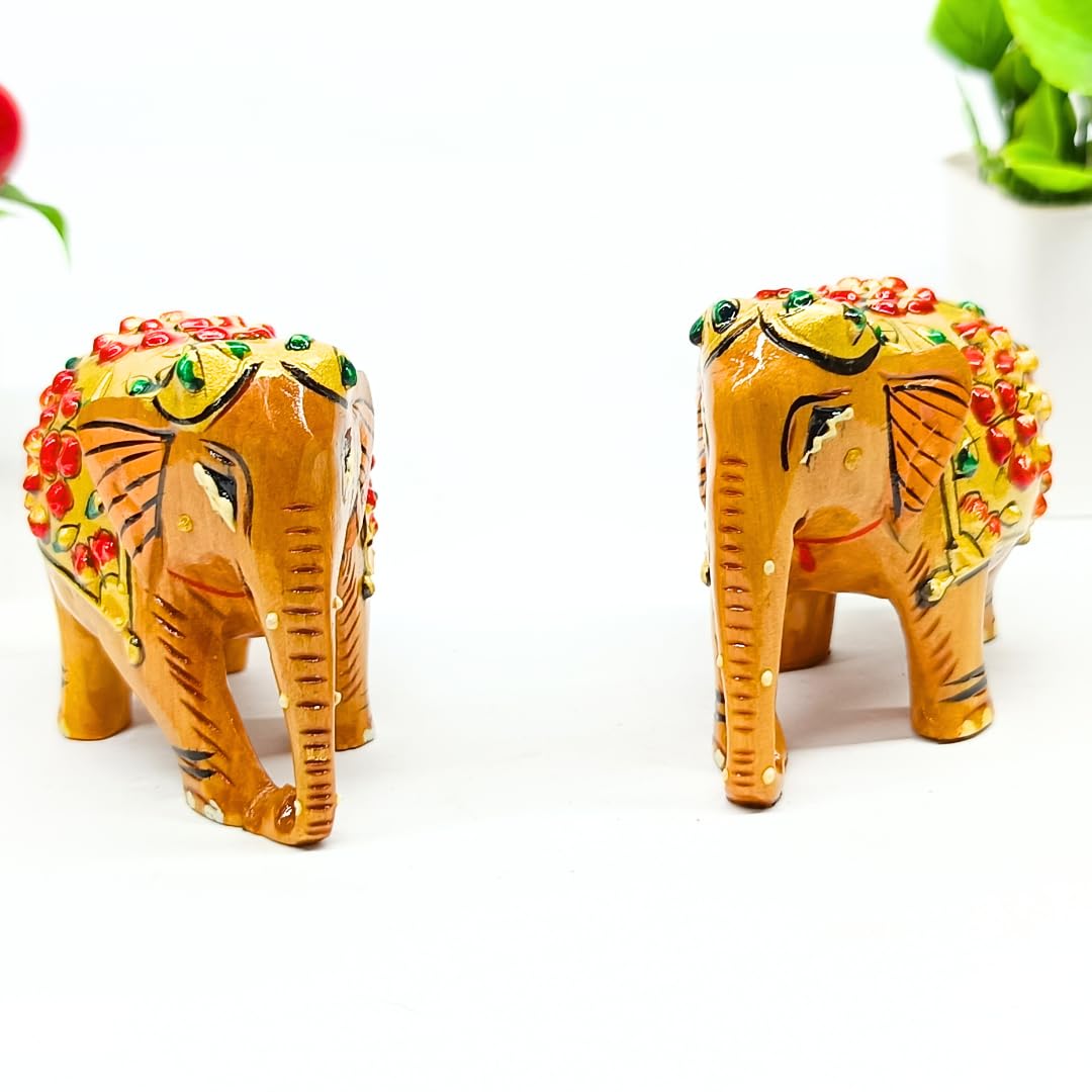 santarms Wooden Elephant Statue with Gold Polish and Meenakari Work | Small Size Decorative Animal Showpiece Figurine for Home & Office Table Article (Set of 1 Piece)