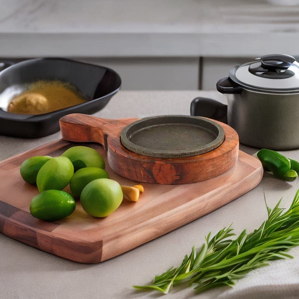 santarms Cast Iron Sizzler Plate with Wooden Stand Pack of 3