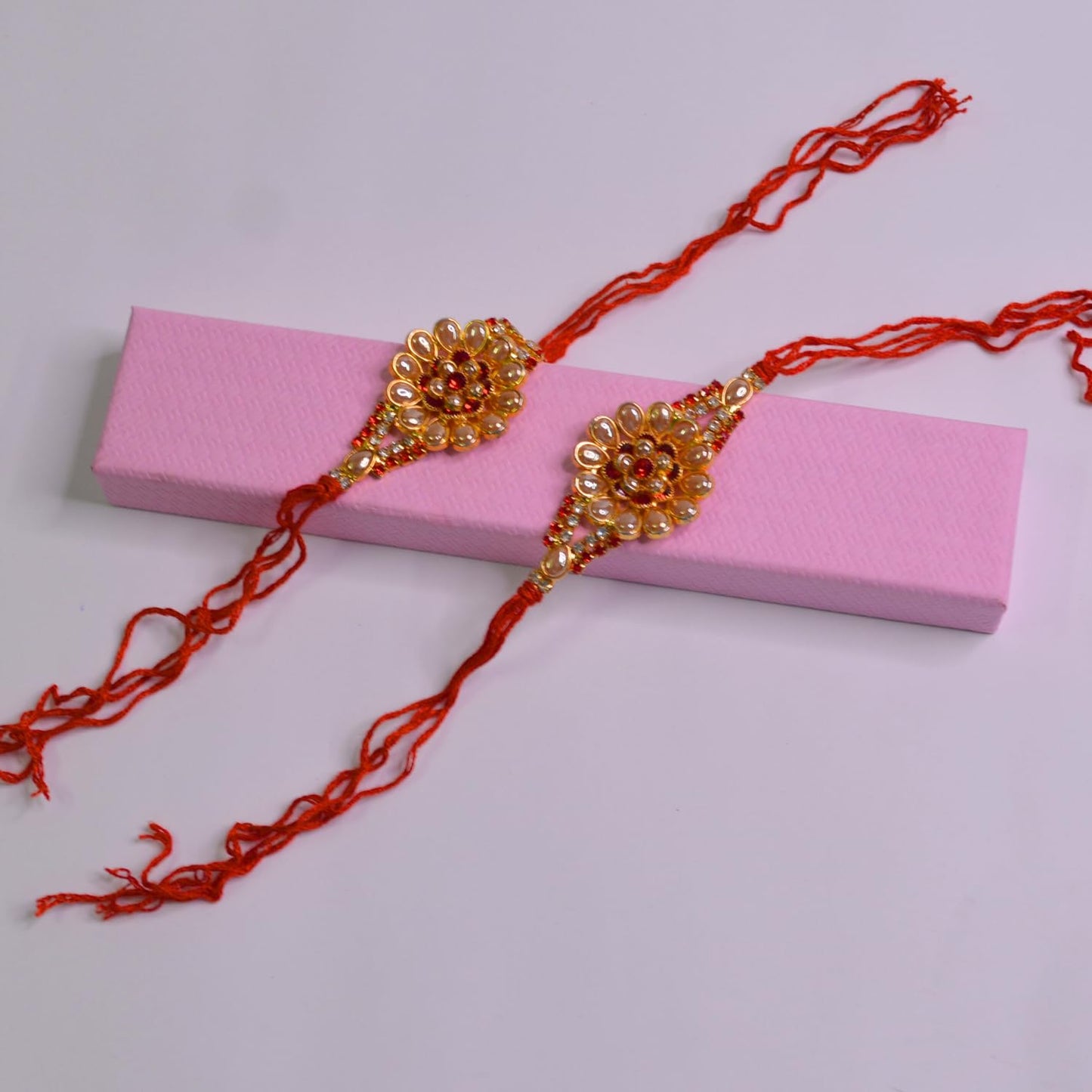 santarms Stone 2 Flower Rakhi Combo For Brother Bhaiya Bhabhi Sister Raksha Bandhan Gift Band Moli Bracelet for Bhai with Roli Tilak and chawal