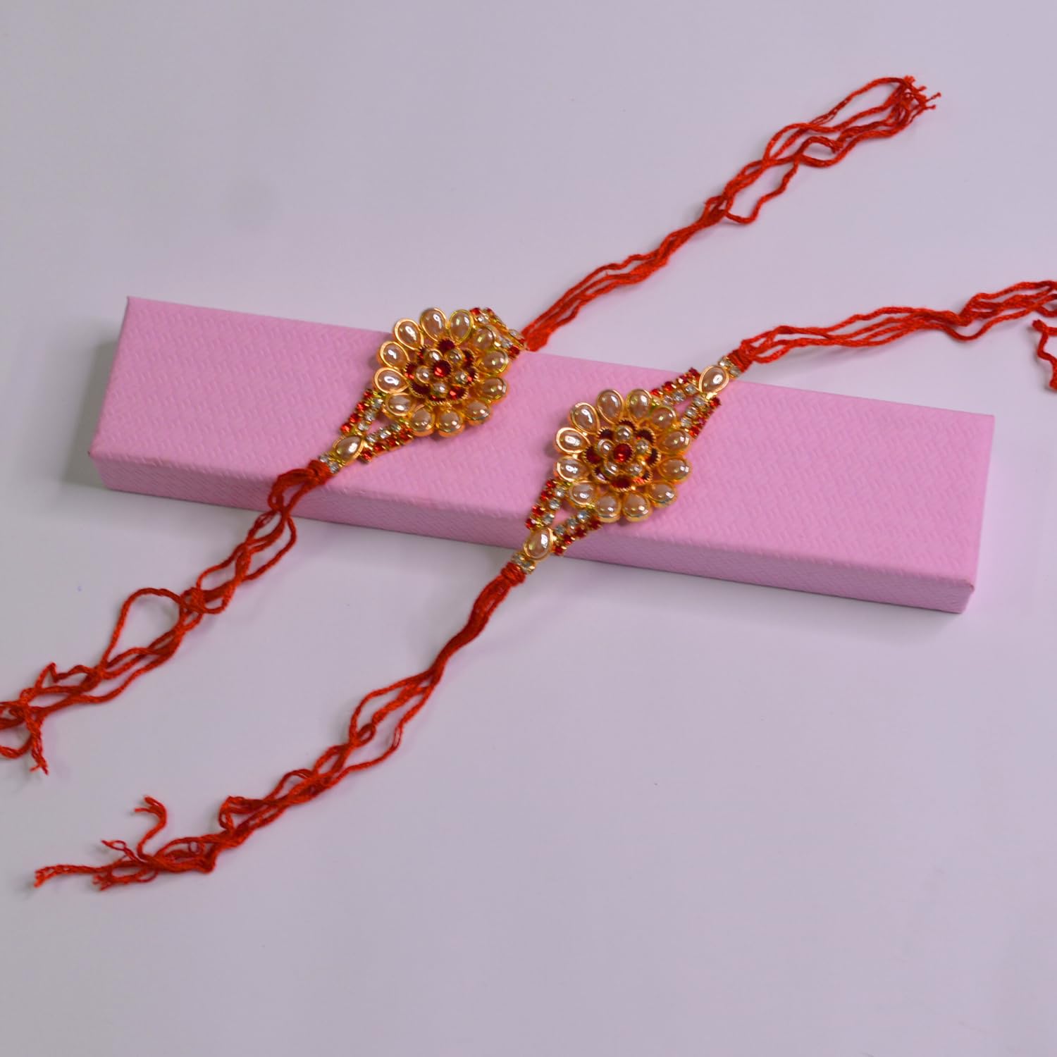 santarms Stone 2 Flower Rakhi Combo For Brother Bhaiya Bhabhi Sister Raksha Bandhan Gift Band Moli Bracelet for Bhai with Roli Tilak and chawal