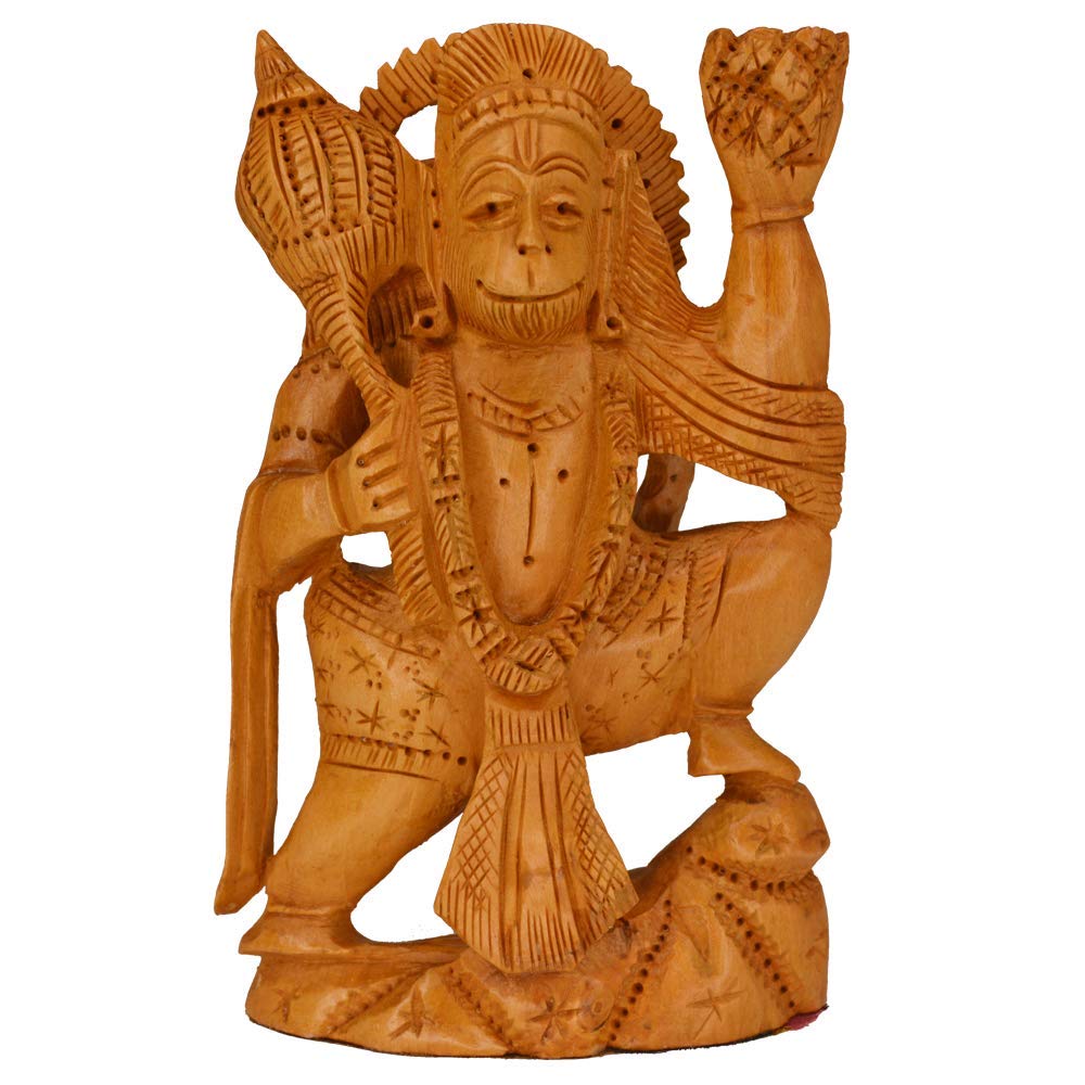santarms Handmade Wooden Hanuman Statue (15.5 cm)- Hinduism Religious Antique Art- Home Decorative, Temple, showrooms, Office, puja ghar, Gift Item (Brown Colour)