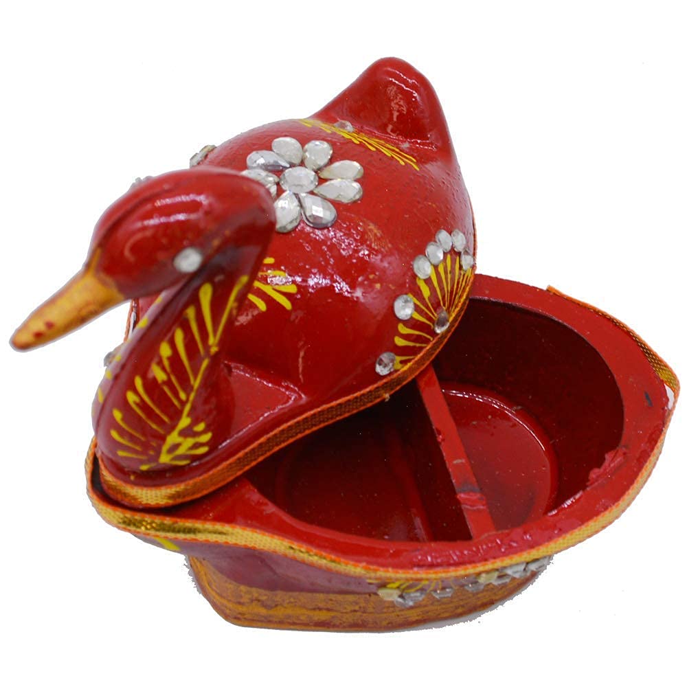 santarms Duck Shape Meenakari Kumkum Box | Tika Chopra with Roli Chawal Tilak Stick | Akshat Haldi Wooden Chopda for Pooja, Gift & Home Décor (Red) PACK OF 1