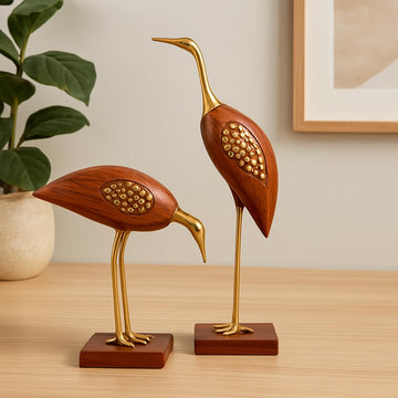 santarms Wooden and Brass Couple Swan for Home & Table Decor, Handmade Crane Decorative Item, Saras Love Birds Showpiece Figurine for Living Room and Bedroom