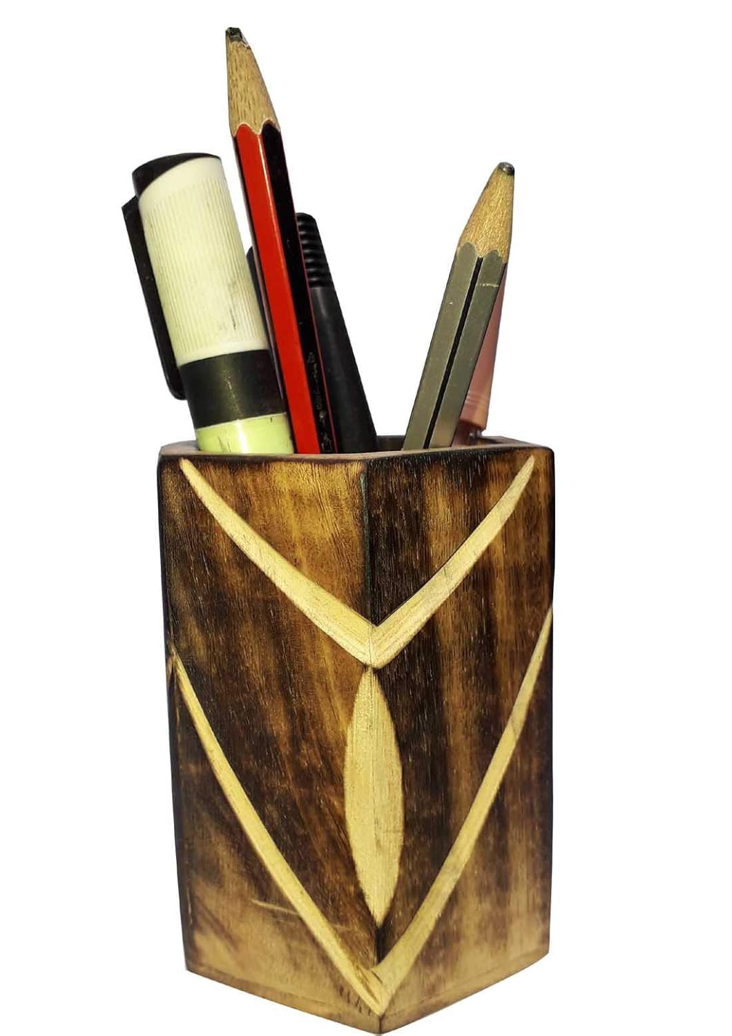 santarms Wooden Pen and Pencil Stand, Multipurpose Kids Stationery Study Desk Organizer for Table and Office, Aesthetic Stylish Makeup Brush Holder