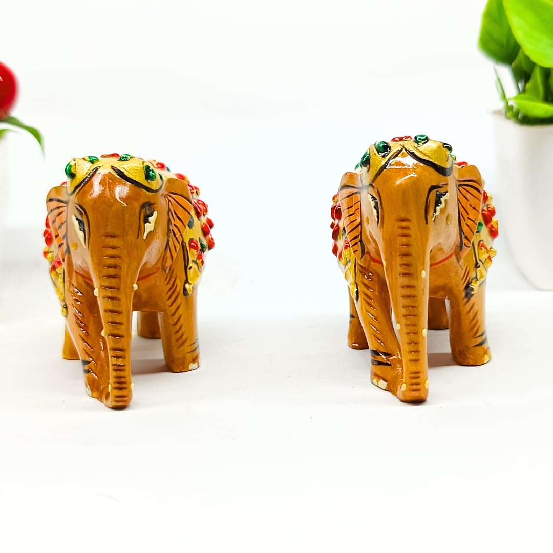 santarms Wooden Elephant Statue with Gold Polish and Meenakari Work | Small Size Decorative Animal Showpiece Figurine for Home & Office Table Article (Set of 1 Piece)