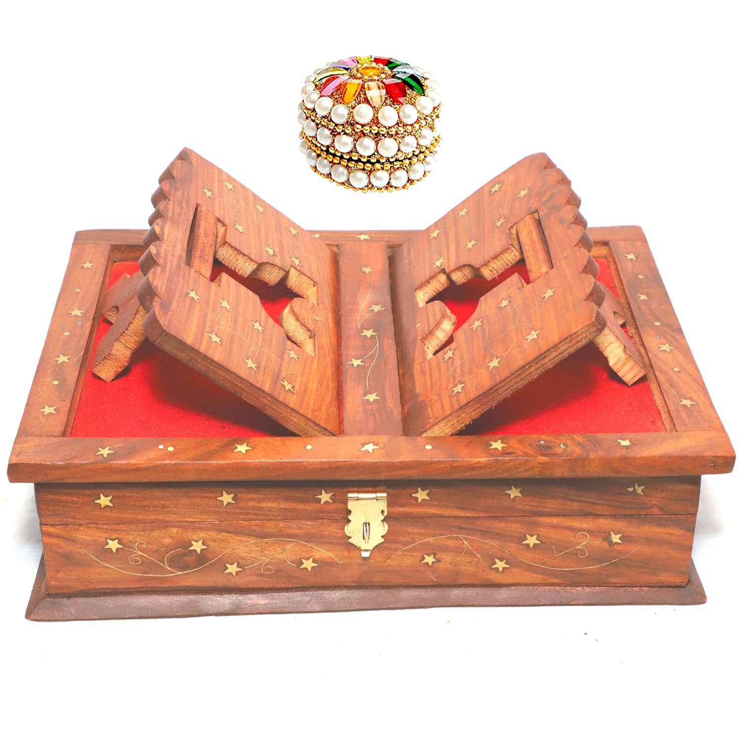 Santarms Handmade Wooden Holy Book Stand for Reading - Geeta Stand Fordable Rehal Holy Books Book Box | Quran Sharif Granth Pooja Bhagwat Ramayan Holder Rihal Bible Gita Ramayanam with Small Box