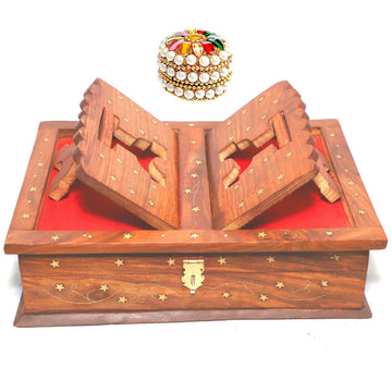 Santarms Handmade Wooden Holy Book Stand for Reading - Geeta Stand Fordable Rehal Holy Books Book Box | Quran Sharif Granth Pooja Bhagwat Ramayan Holder Rihal Bible Gita Ramayanam with Small Box