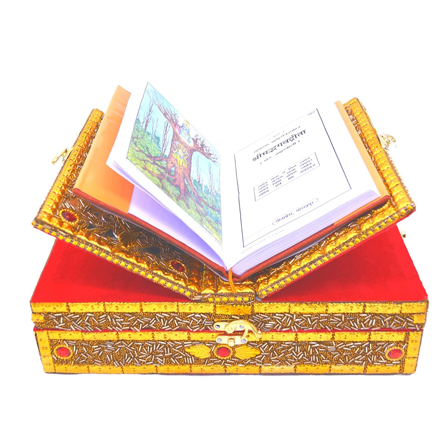 Santarms Handmade Wood Geeta Box for Reading - Geeta Stand Fordable bhagwat Geeta Stand Box | Book Stand Pooja Bhagwat Ramayan Holder Gita Ramayanam Book with Stand Box bhagwat Geeta Box