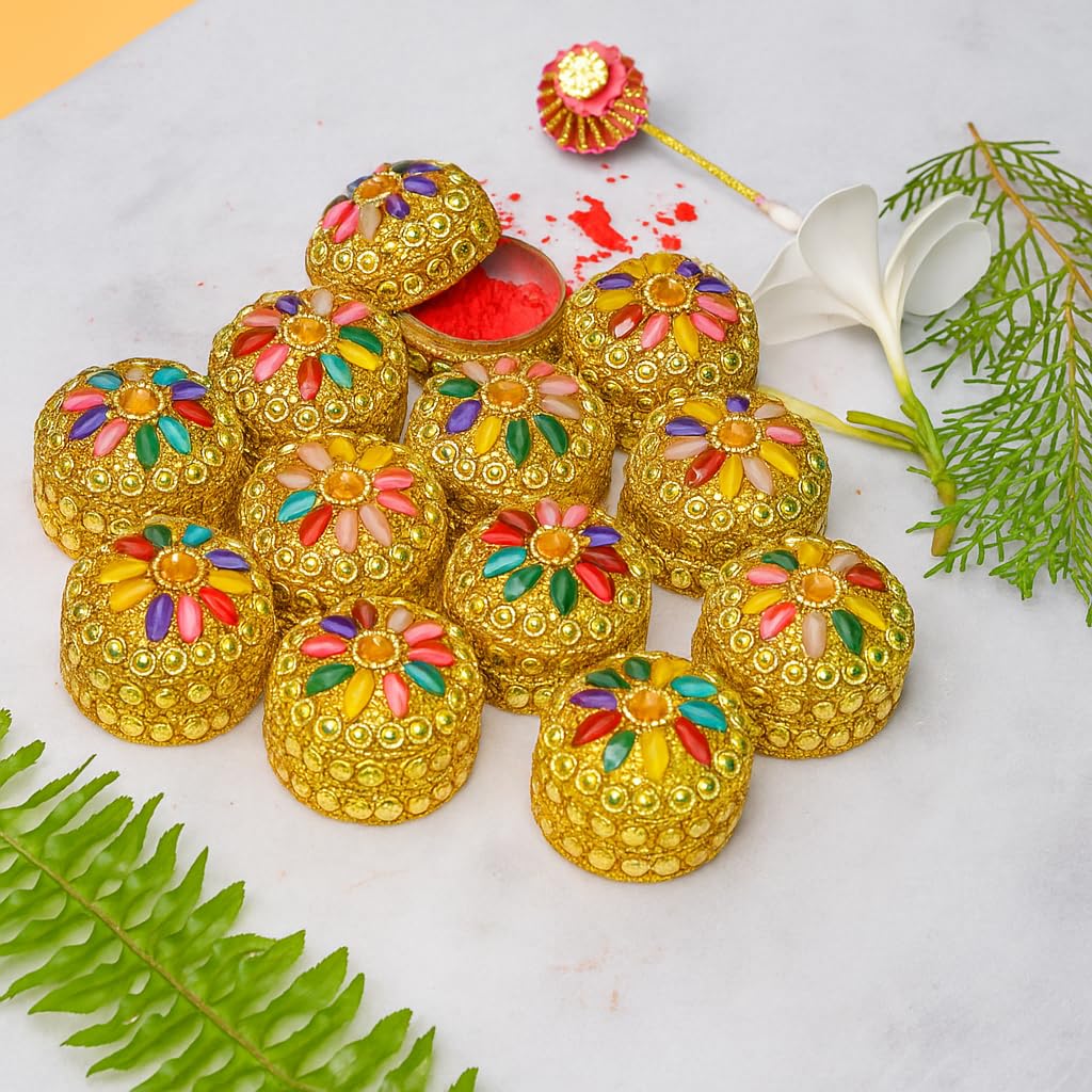 santarms Aluminium Handcrafted Golden Sindoor Box for Women, Jaipuri Round Kumkum Dabbi/Dibbi Sindur Dani with 5gm Red Sindoor and Stick Applicator (4)