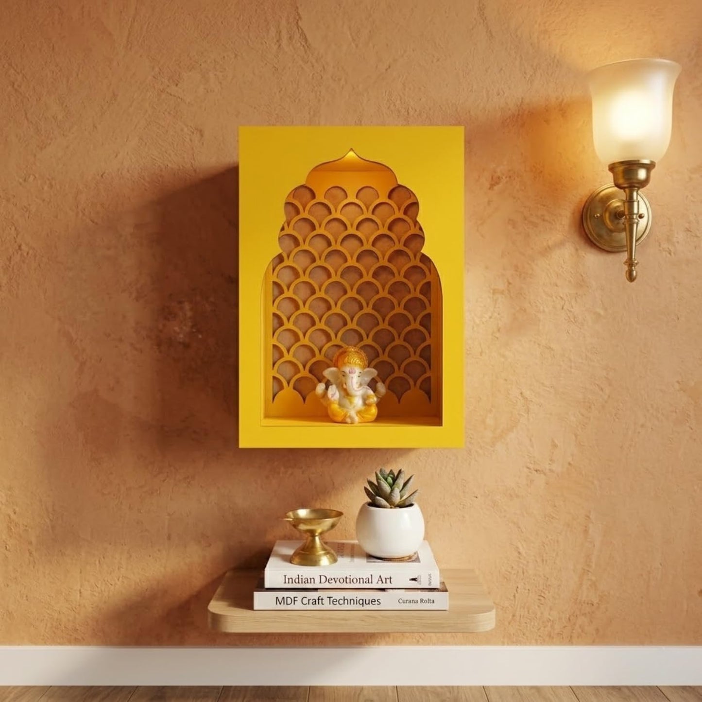 Handcrafted Wooden Pooja Mandir, Yellow Jharokha Style, Jali Design, with Lord Ganesha Idol, Home Decor & Diwali Gift