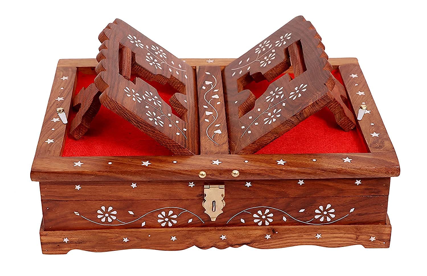 santarms Wooden Quran Box Shareef Box/Geeta Box with Brass Work Holy Book Stand Box for Reading Quran, Geeta, Guru Granth Sahib, Bibil