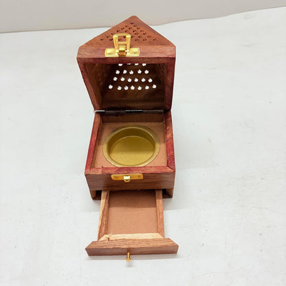 Santarms Wooden Dhoopbatti Stand with Ash Catcher, Sheesham Wood Pyramid Shape Incense Holder, Dhupbatti Box Stand - Pack of 1