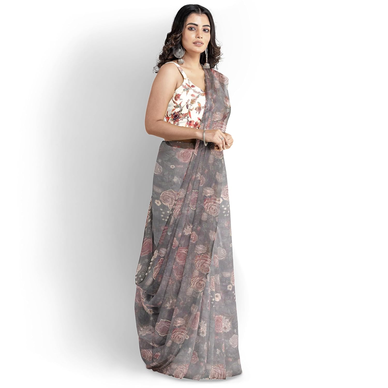 Hira Silk Organza Saree for Women, Printed Sari with Unstitched Blouse Piece for Woman