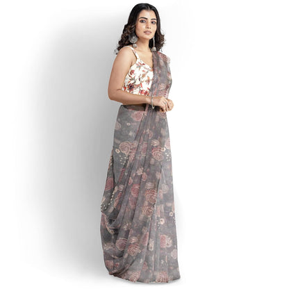 Hira Silk Organza Saree for Women, Printed Sari with Unstitched Blouse Piece for Woman