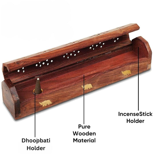 Santarms Wooden Agarbatti Stand with Brass Elephant Inlay – Incense Stick Holder Box with Ash Catcher Lid – Handmade Natural Wood Incense Burner for Home Temple Office Decor