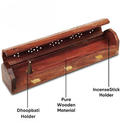 Santarms Wooden Agarbatti Stand with Brass Elephant Inlay – Incense Stick Holder Box with Ash Catcher Lid – Handmade Natural Wood Incense Burner for Home Temple Office Decor