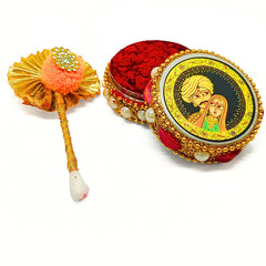 santarms Aluminium Kumkum Box with Sindoor and Stick, Designer Stone Moti Dibbi/Dabbi - Pack of 1