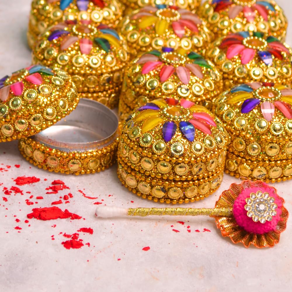 santarms Handmade Golden Small Kumkum Box Set Refillable Sindoor Shringardani With Multi-Color Gemstones Aluminum Round Moti Dibbi For Married Women Perfect Shadi Ka Gift, Pooja & Wedding (Set Of 4)