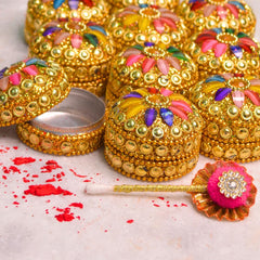 santarms Handmade Golden Small Kumkum Box Set Refillable Sindoor Shringardani With Multi-Color Gemstones Aluminum Round Moti Dibbi For Married Women Perfect Shadi Ka Gift, Pooja & Wedding (Set Of 4)