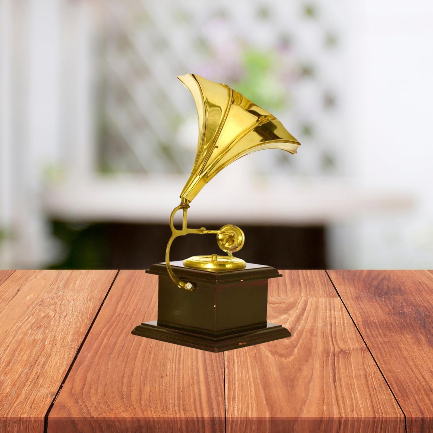 santarms Vintage Gramophone Antique Record Player Retro Music Lover's Collectible Classic Gramophone Decor Piece with Brass Horn & Wooden Base