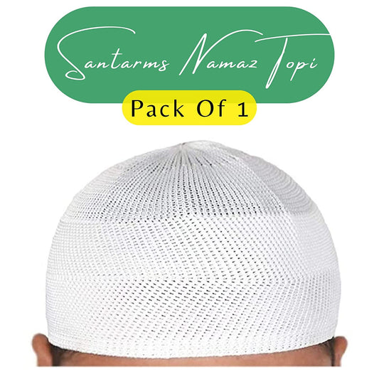 santarms Muslim Cap Islamic Prayer Kufi Muslim Cap for Men or boy namaz topi for namaz White